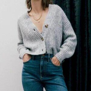 MADEWELL Waller Crop Cardigan Sweater Heather Pewter Gray XS
